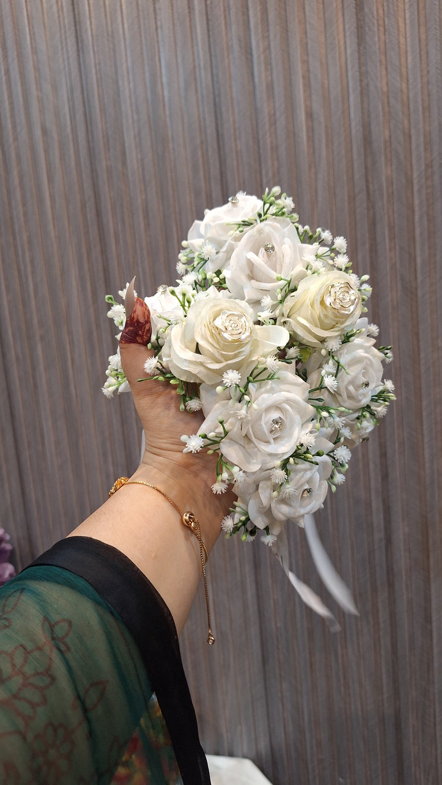 Elegant Ivory Rose & Baby’s Breath Bridal Hand Bouquet