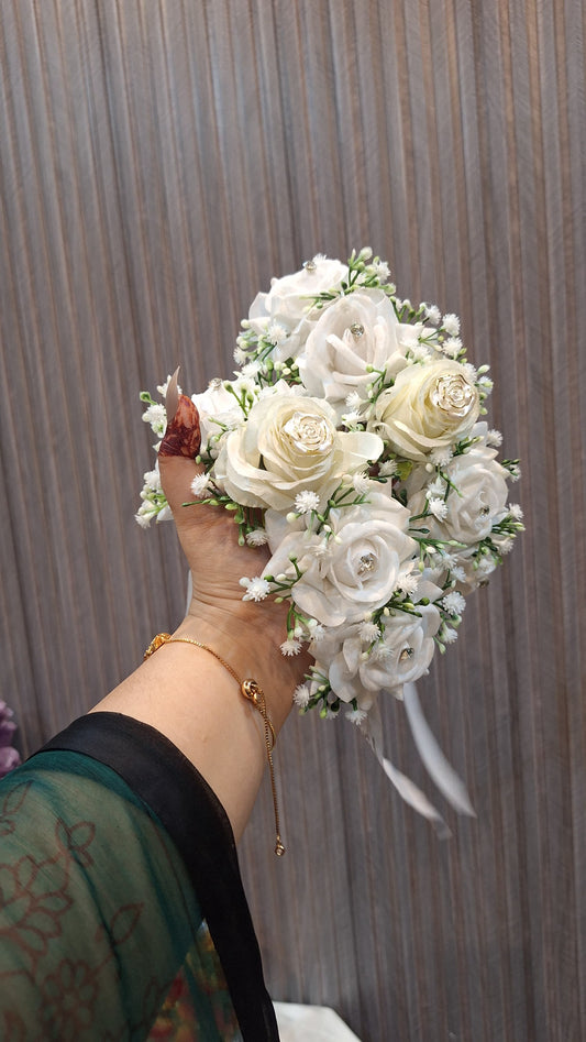 Elegant Ivory Rose & Baby’s Breath Bridal Hand Bouquet