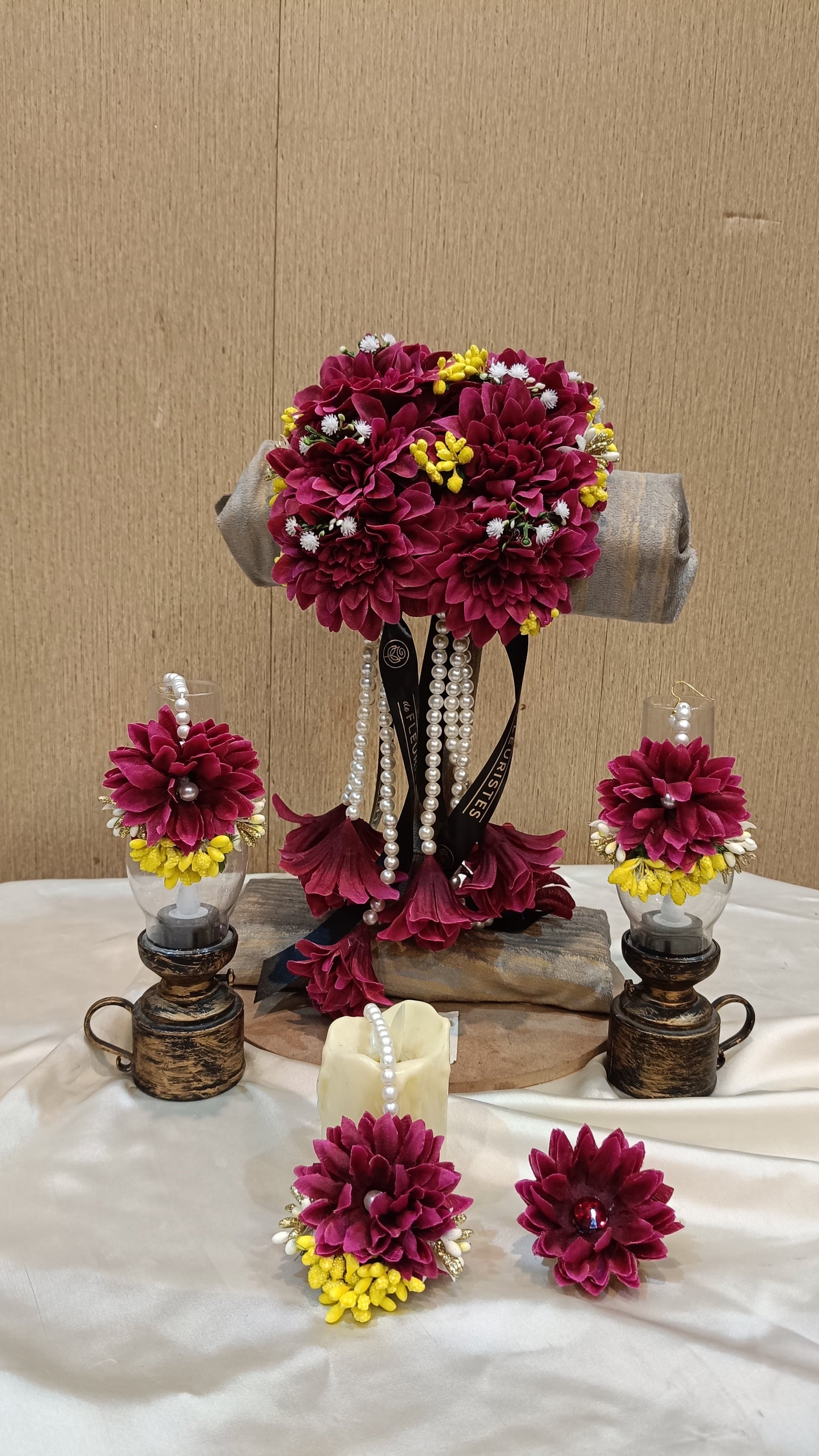 Maroon & Yellow Floral Jewelry Set with Pearl Accents