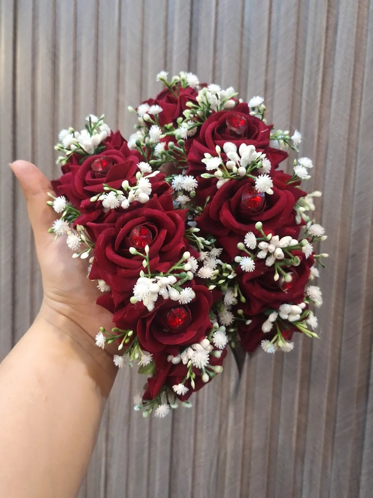 Elegant Deep Red Rose Floral Ganjra with Baby’s Breath