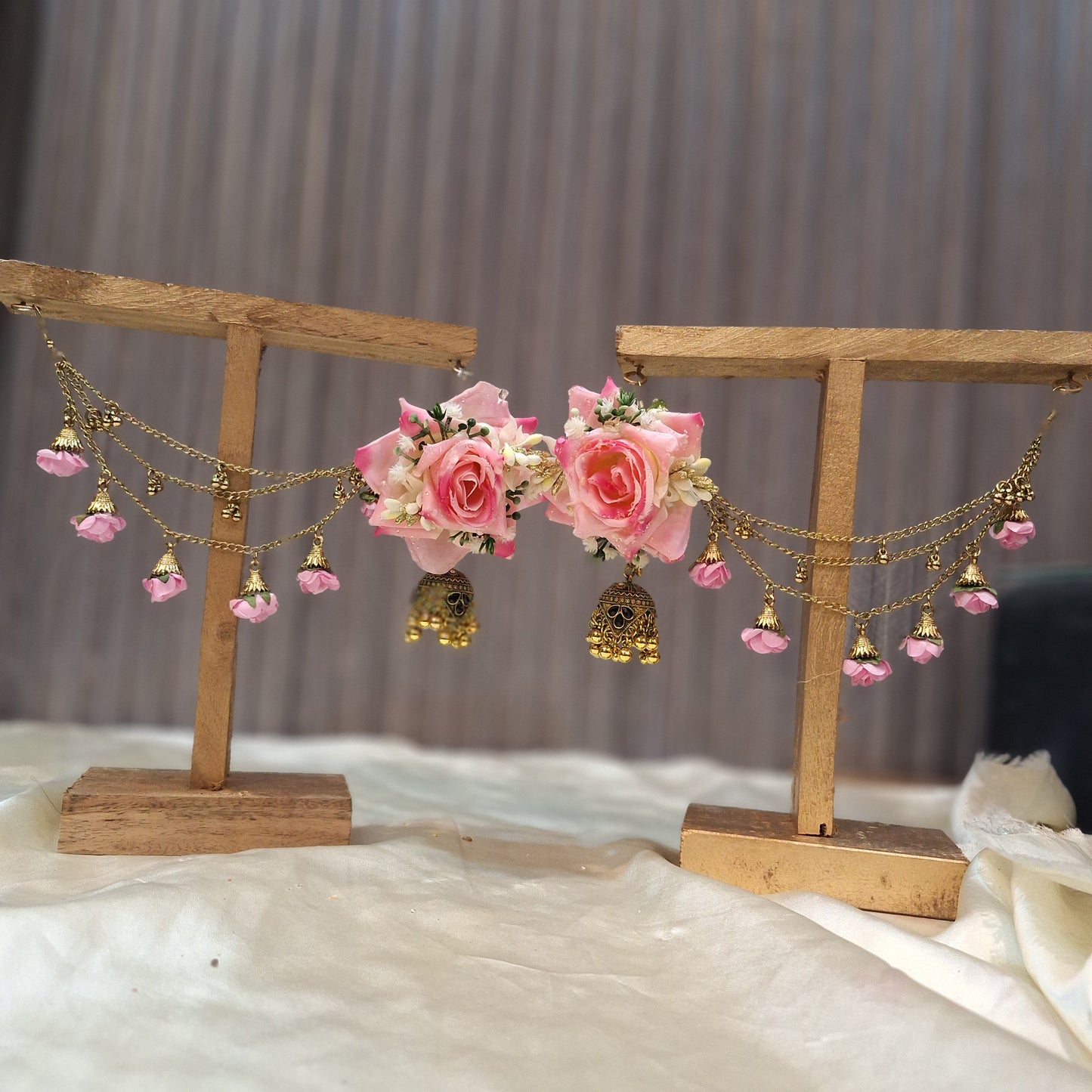 Blushing Pink Rose Floral Bridal Jewelry Set with Gold Ghungroo Details