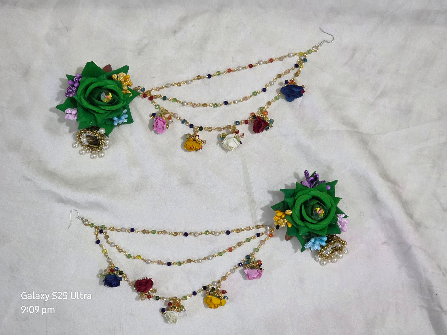 Vibrant Green Rose Saharay Earrings with Multi-Color Pearl Droplets