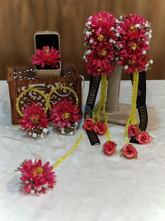 Vibrant Pink Floral Jewellery Set with Yellow Beaded Accents