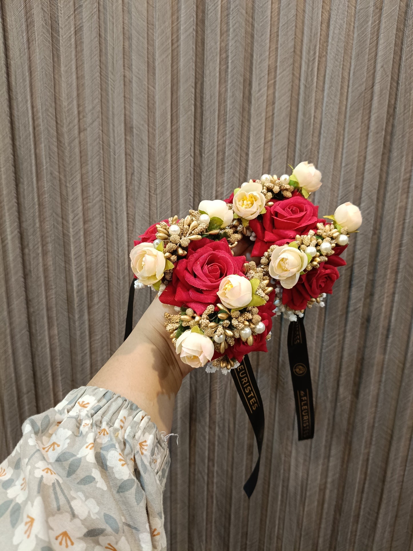 Elegant Red & Cream Floral Wrist Corsage Set (Gajray)