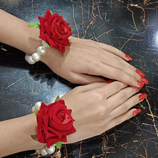 Elegant Crimson Rose & Pearl Wrist Corsage Set (Pair)