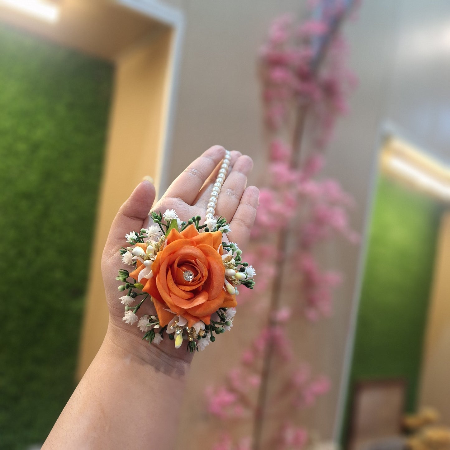 Orange Rose & Pearl Gaira (Floral Bang-Earring) with Baby’s Breath