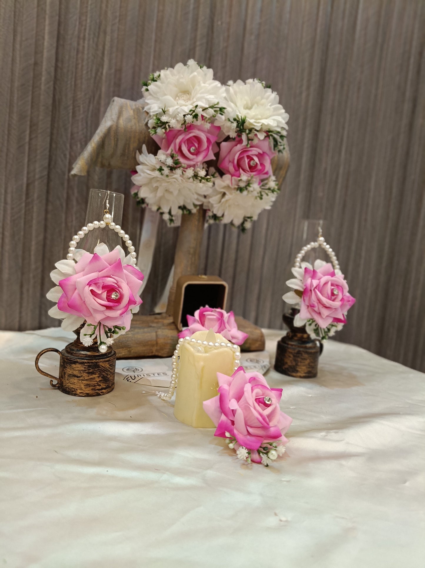 Elegant Pink Rose & White Jasmine Floral Jewelry Set for Mehndi & Mayun