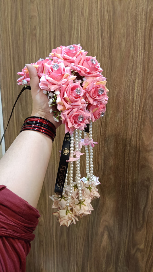 Pink Rose & Pearl Floral Hair Gaira with Crystal Accents
