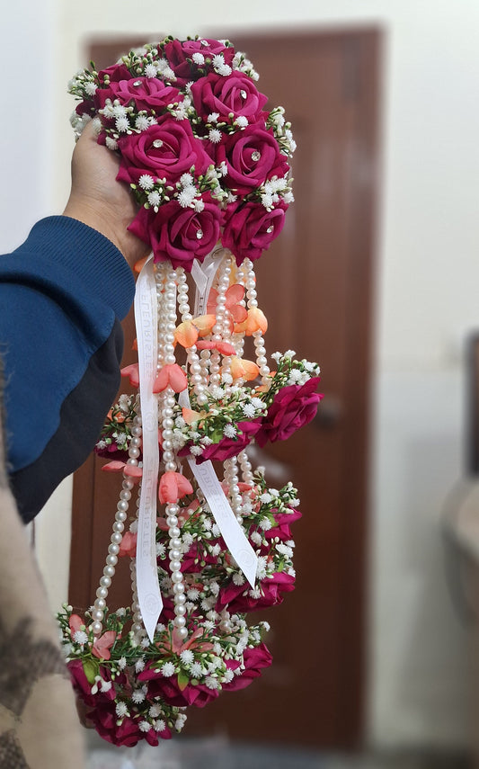 Magenta Rose & Pearl Floral Jewelry Set (Gajray & Mala)