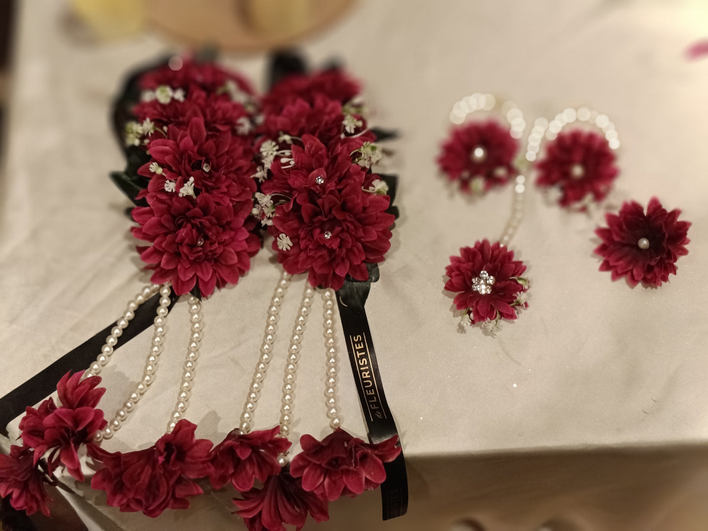 Maroon Floral Jewellery Set with Pearl Hangings