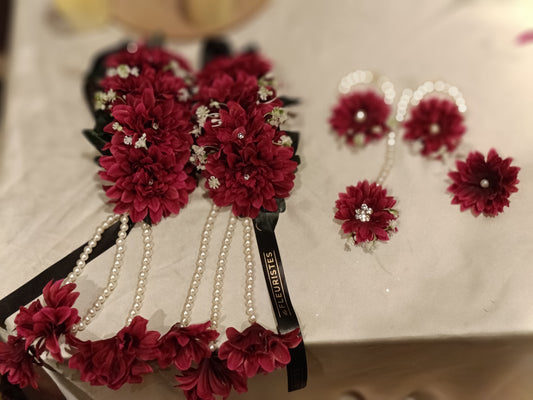 Maroon Floral Jewellery Set with Pearl Hangings