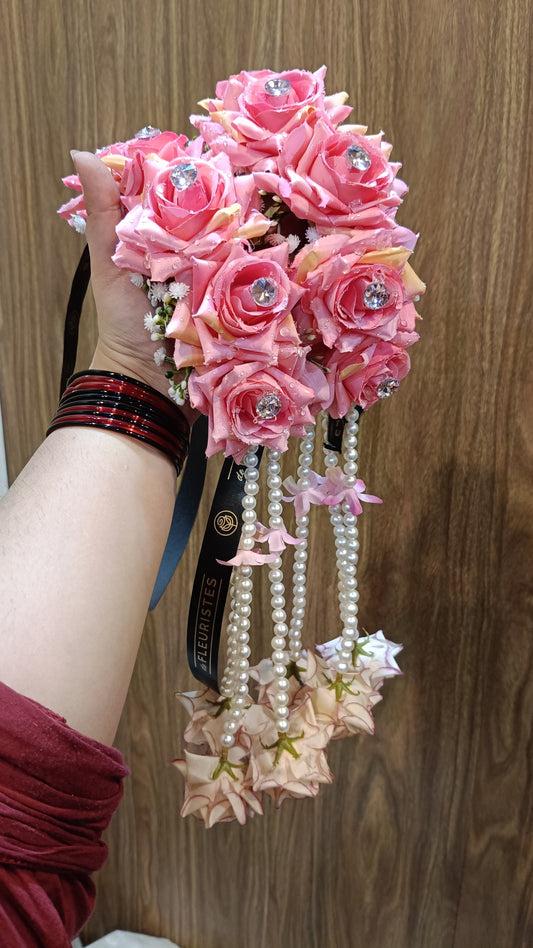 Pink Rose & Pearl Floral Hair Gaira with Crystal Accents