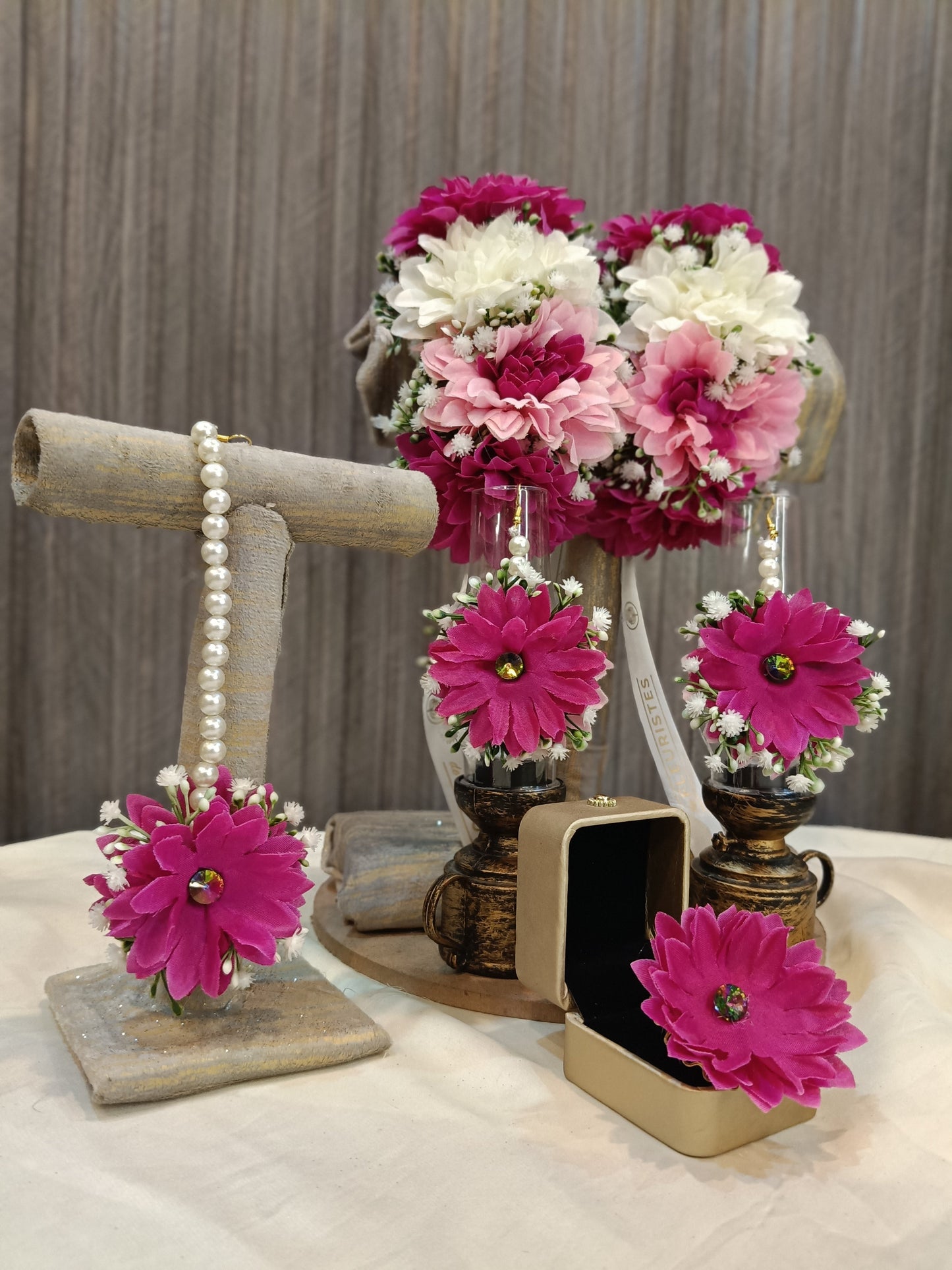 Magenta & White Floral Jewelry Set with Pearl Accents