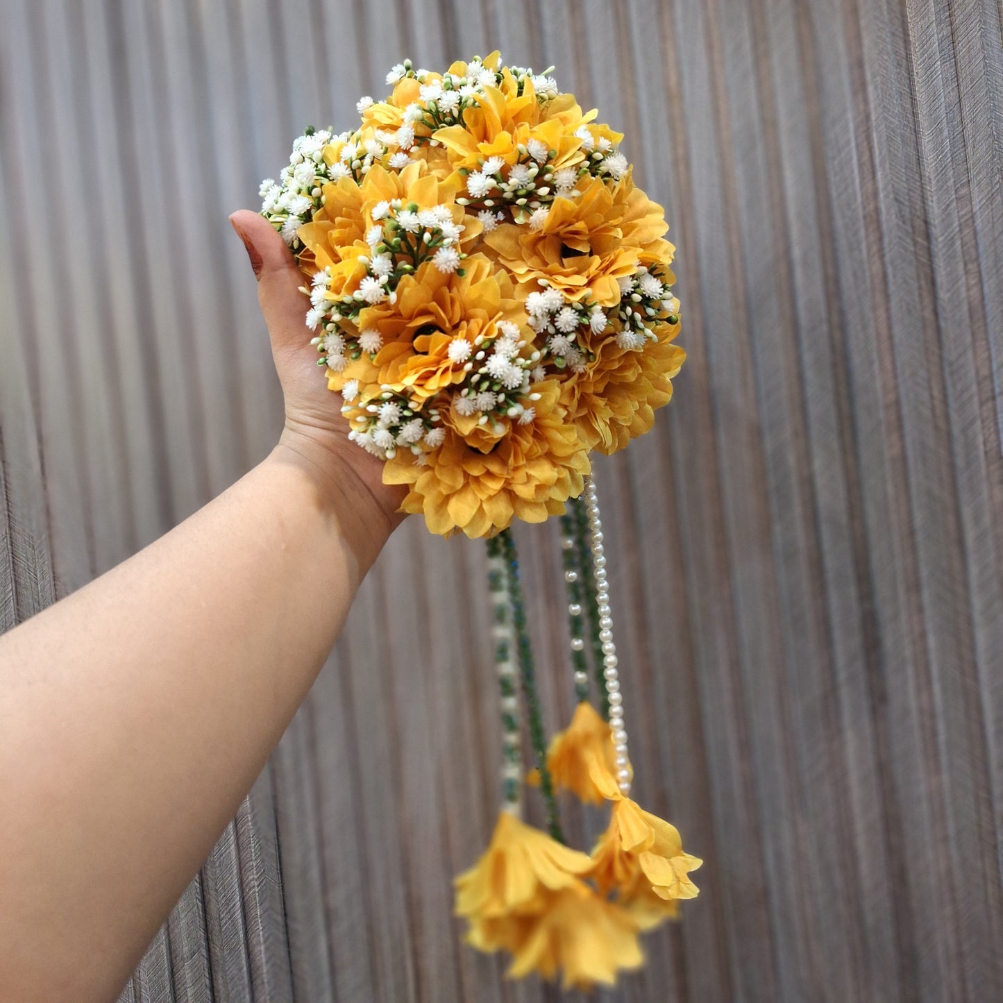Vibrant Yellow Marigold & Gypso Bridal Gajara with Pearl Tassels