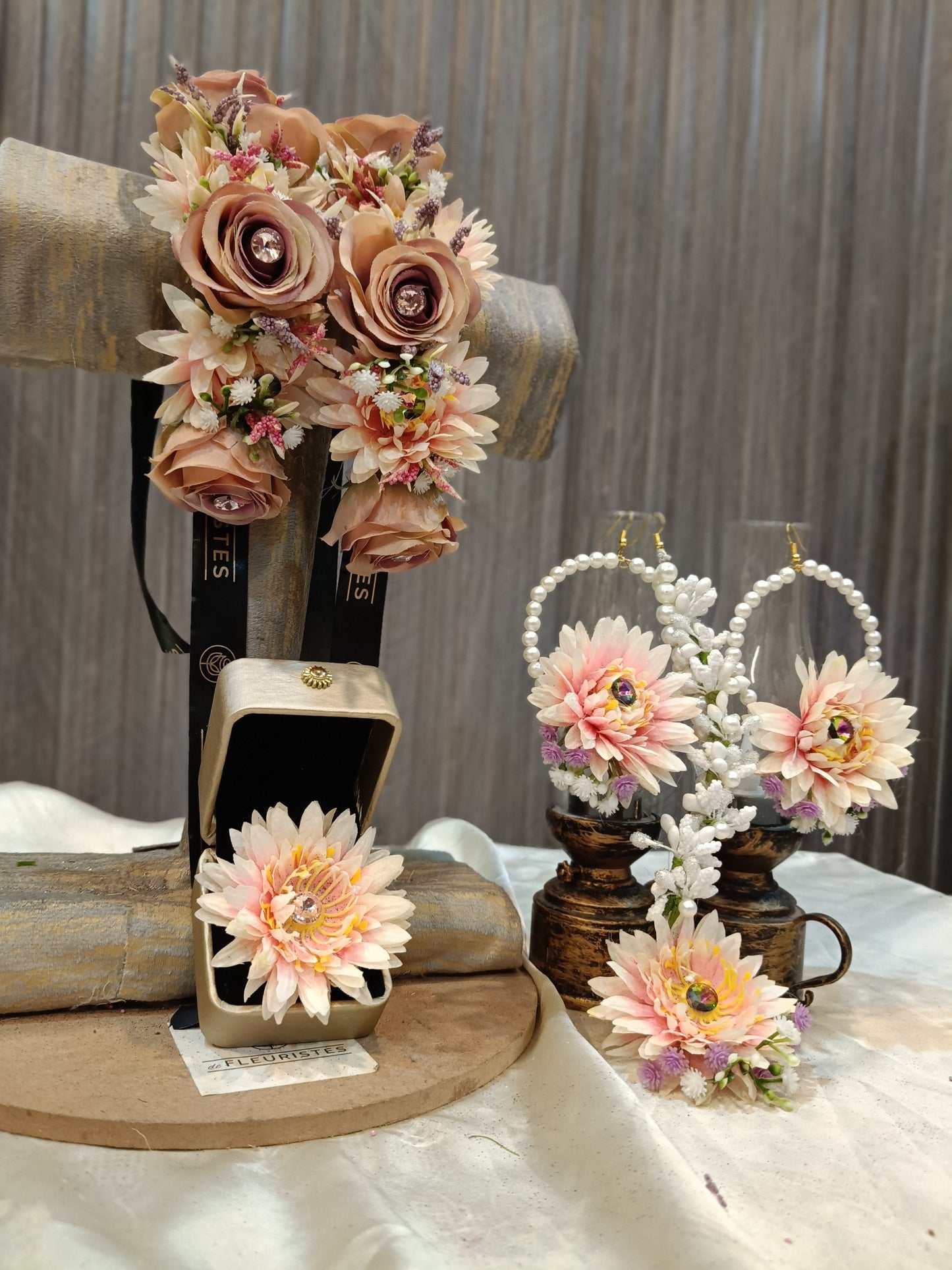 Elegant Nude & Peach Floral Jewelry Set with Pearl Accents