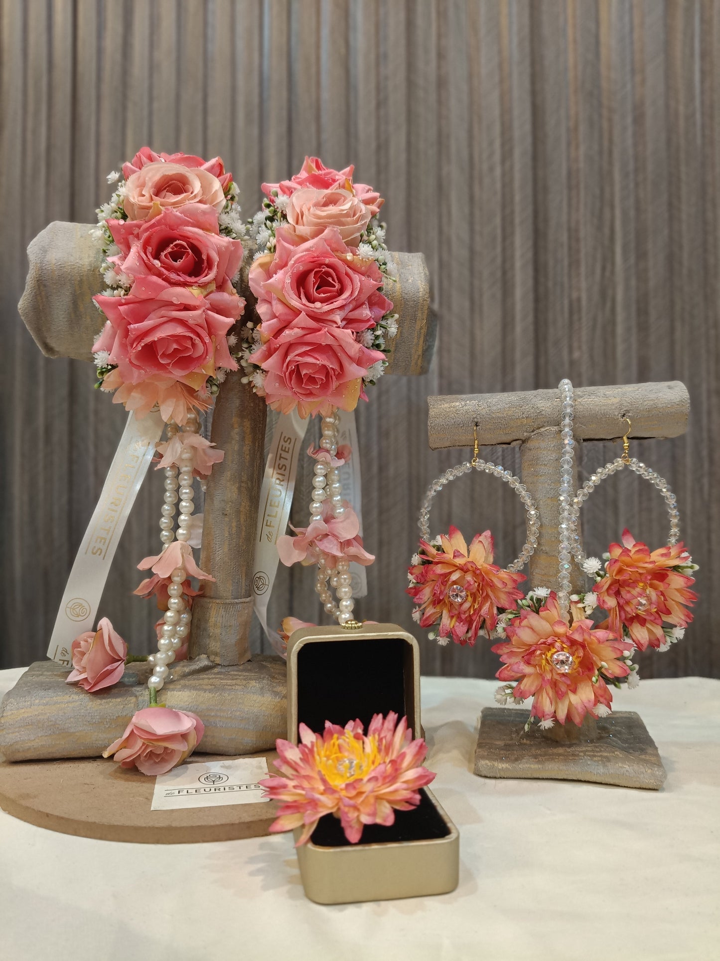 Blush Rose & Pearl Floral Jewelry Set with Jhumkas and Teeka