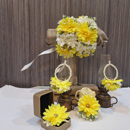 Yellow and White Floral Jewelry Set with Pearl Accents