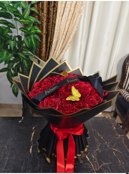 Glittering Red Rose Bouquet with Golden Butterflies & Personalized Ribbon