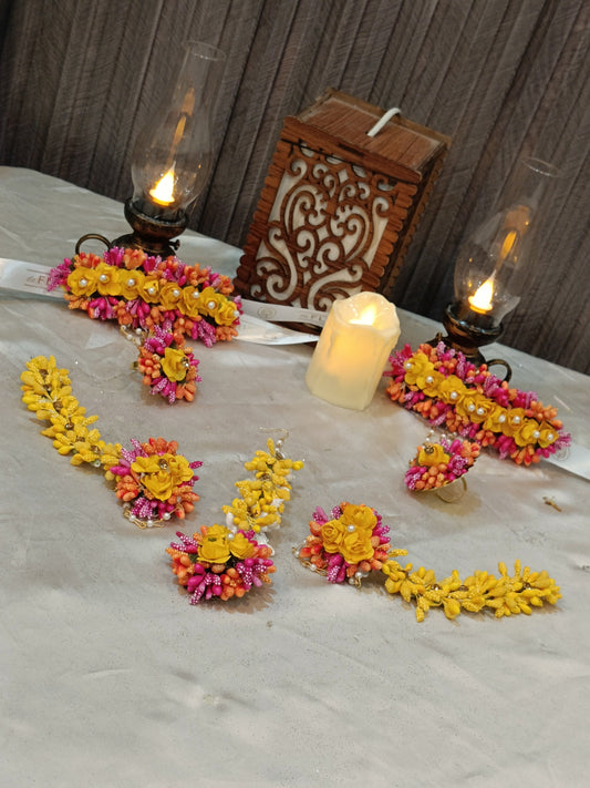 Handcrafted Yellow and Pink Floral Jewelry Set with Pearl Accents