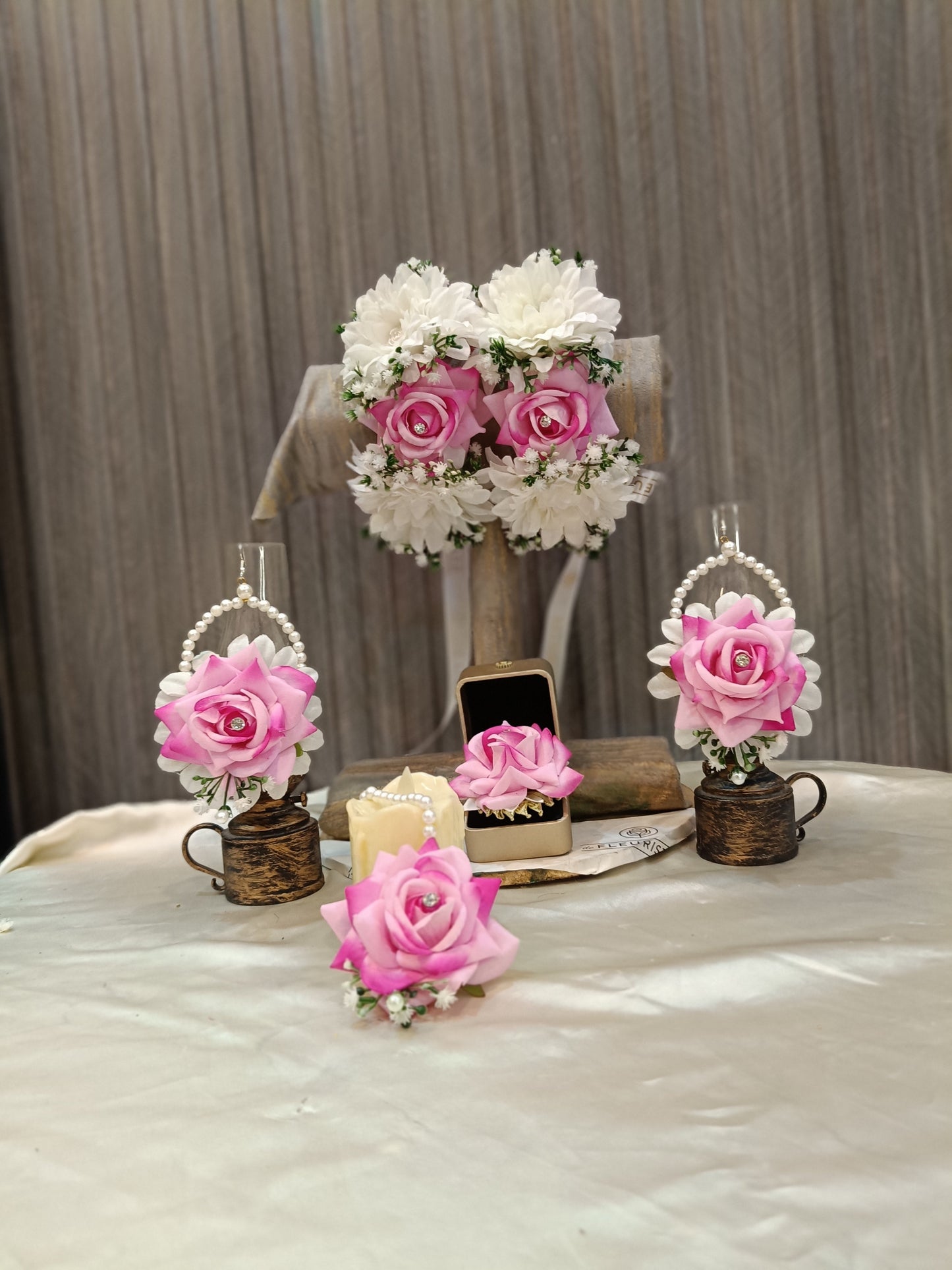 Elegant Pink Rose & White Jasmine Floral Jewelry Set for Mehndi & Mayun
