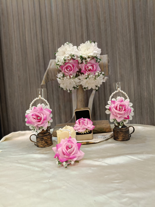 Elegant Pink Rose & White Jasmine Floral Jewelry Set for Mehndi & Mayun