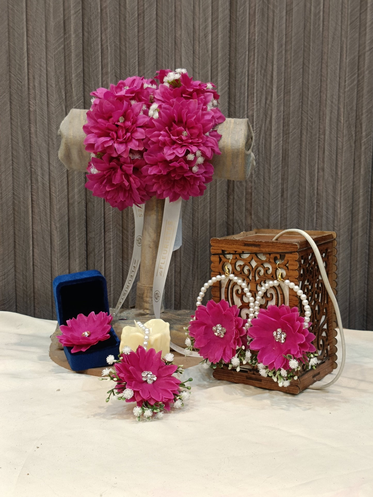 Handcrafted Magenta Floral Jewelry Set with Pearl Hoops & Gajray