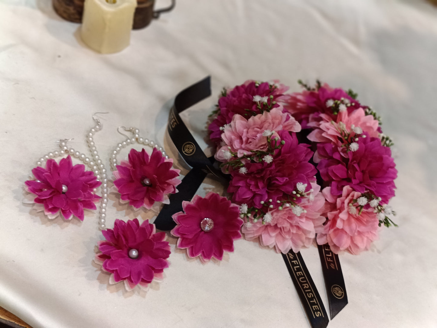 Pink & Magenta Floral Mehndi Jewellery Set with Pearls