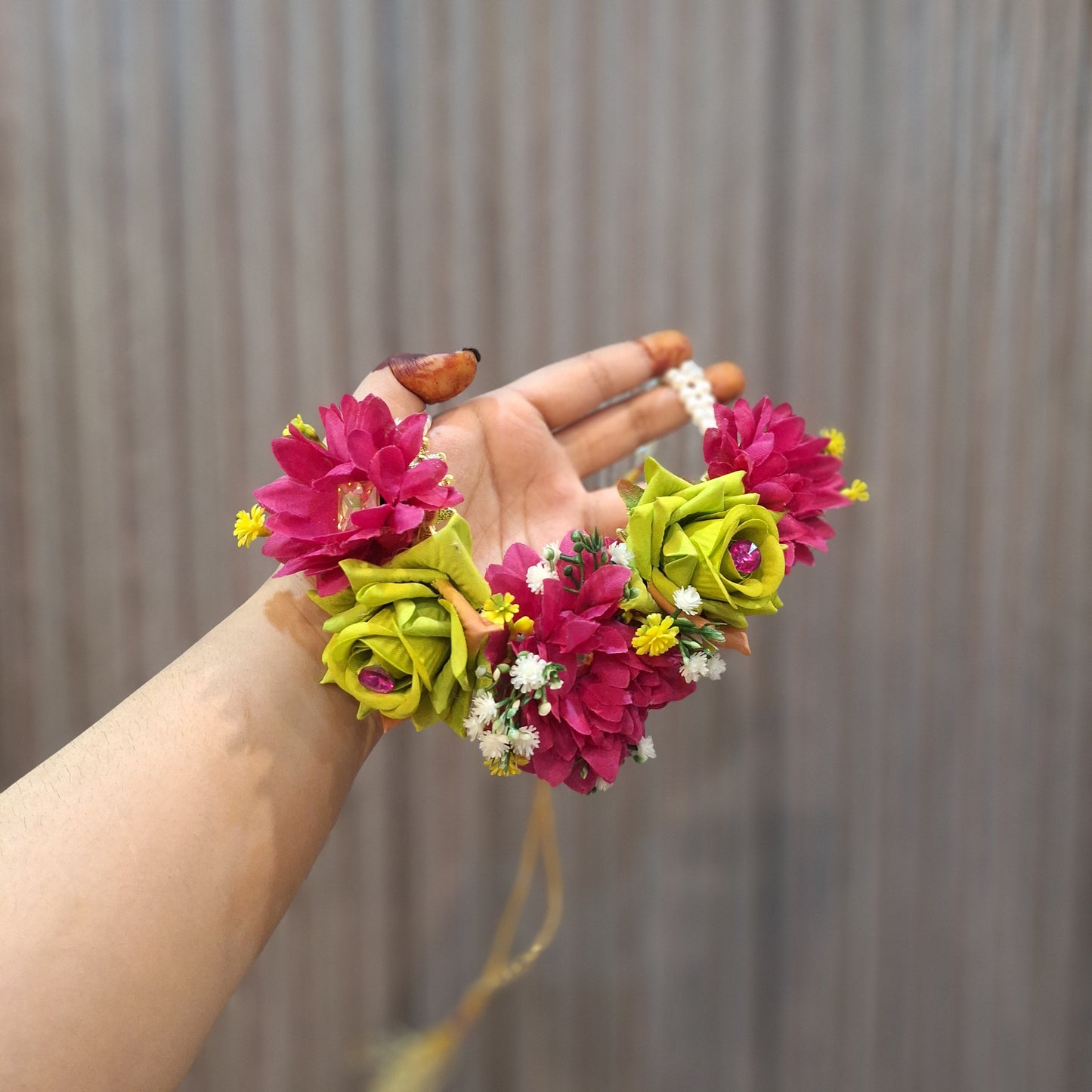 Handcrafted Magenta & Lime Green Floral Jewellery Set with Pearl Accents