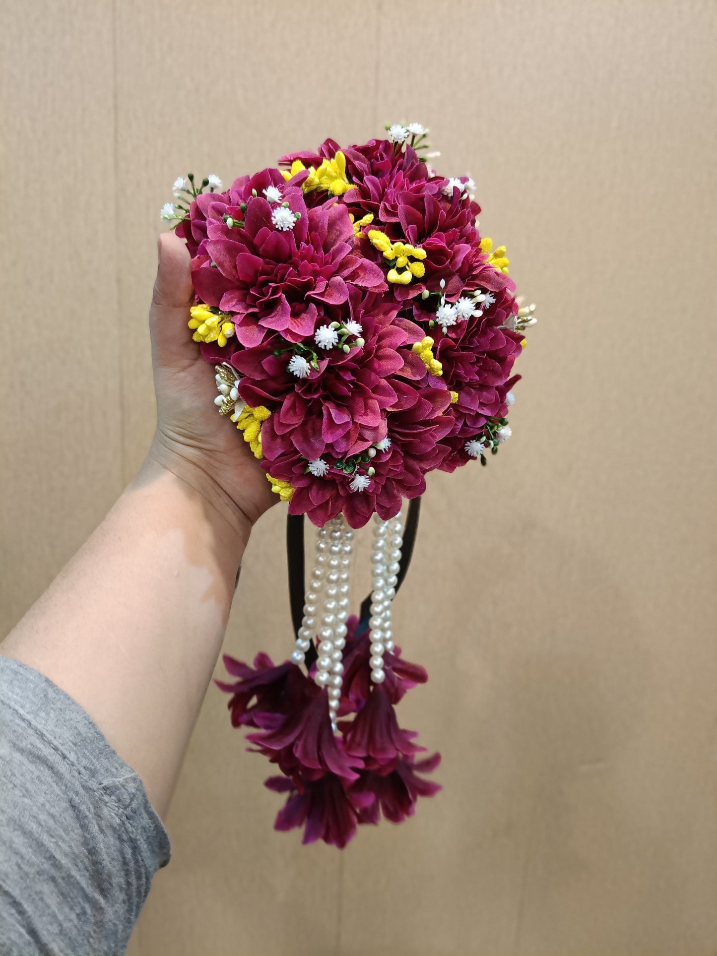 Maroon & Yellow Floral Jewelry Set with Pearl Accents