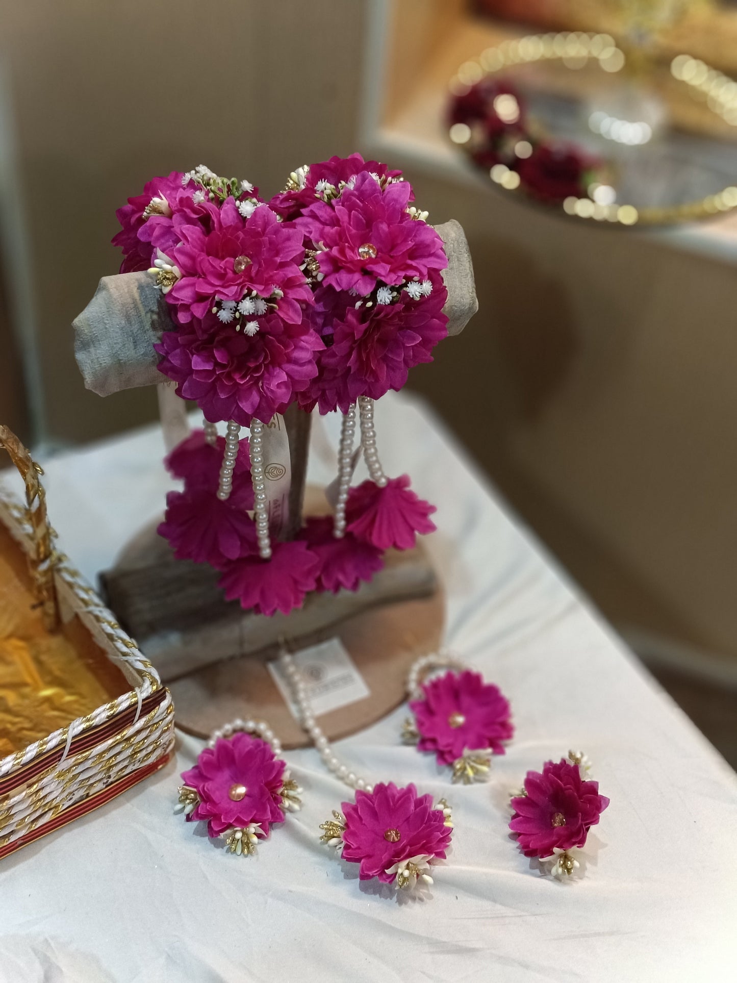 Elegant Magenta Floral Gajray with Pearl Tassels