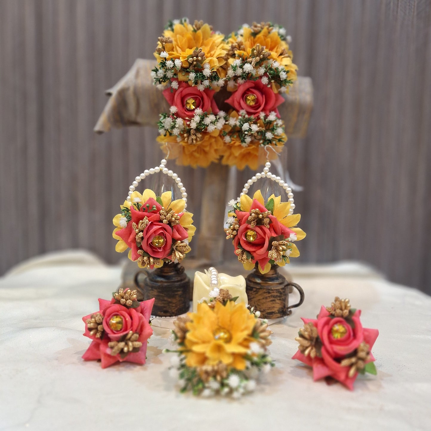 Handcrafted Yellow and Peach Floral Jewelry Set with Pearl Accents