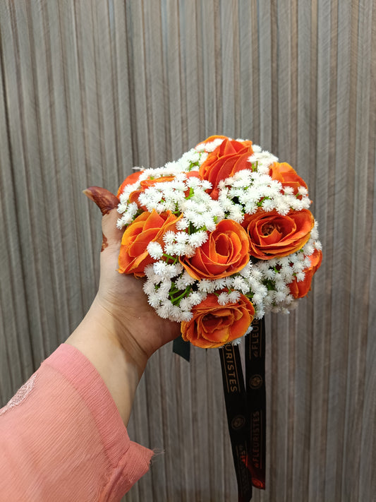 Vibrant Orange Rose & Baby’s Breath Hand Bouquet