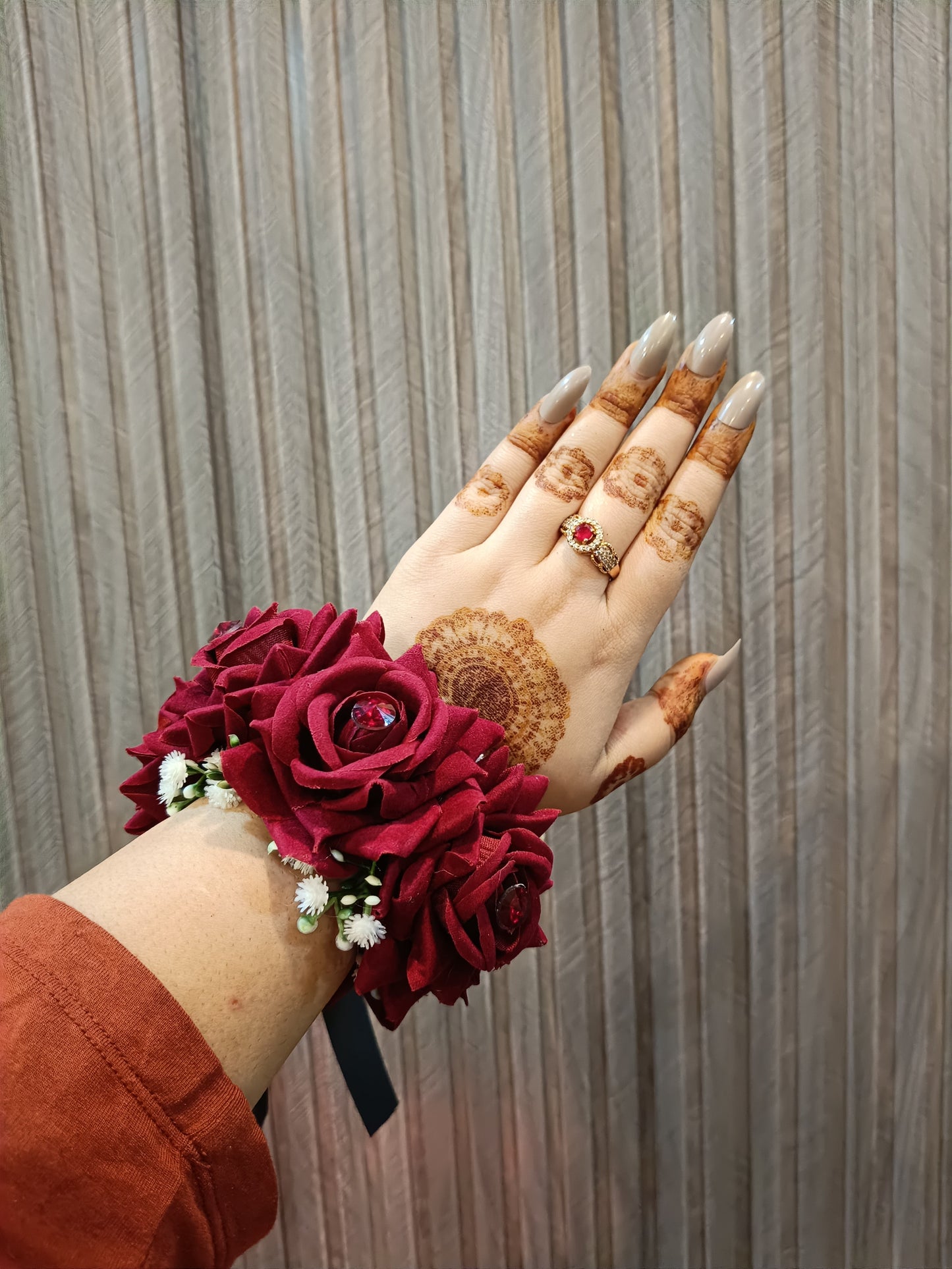 Elegant Maroon Velvet Rose Hand Bouquet with Crystal Centers