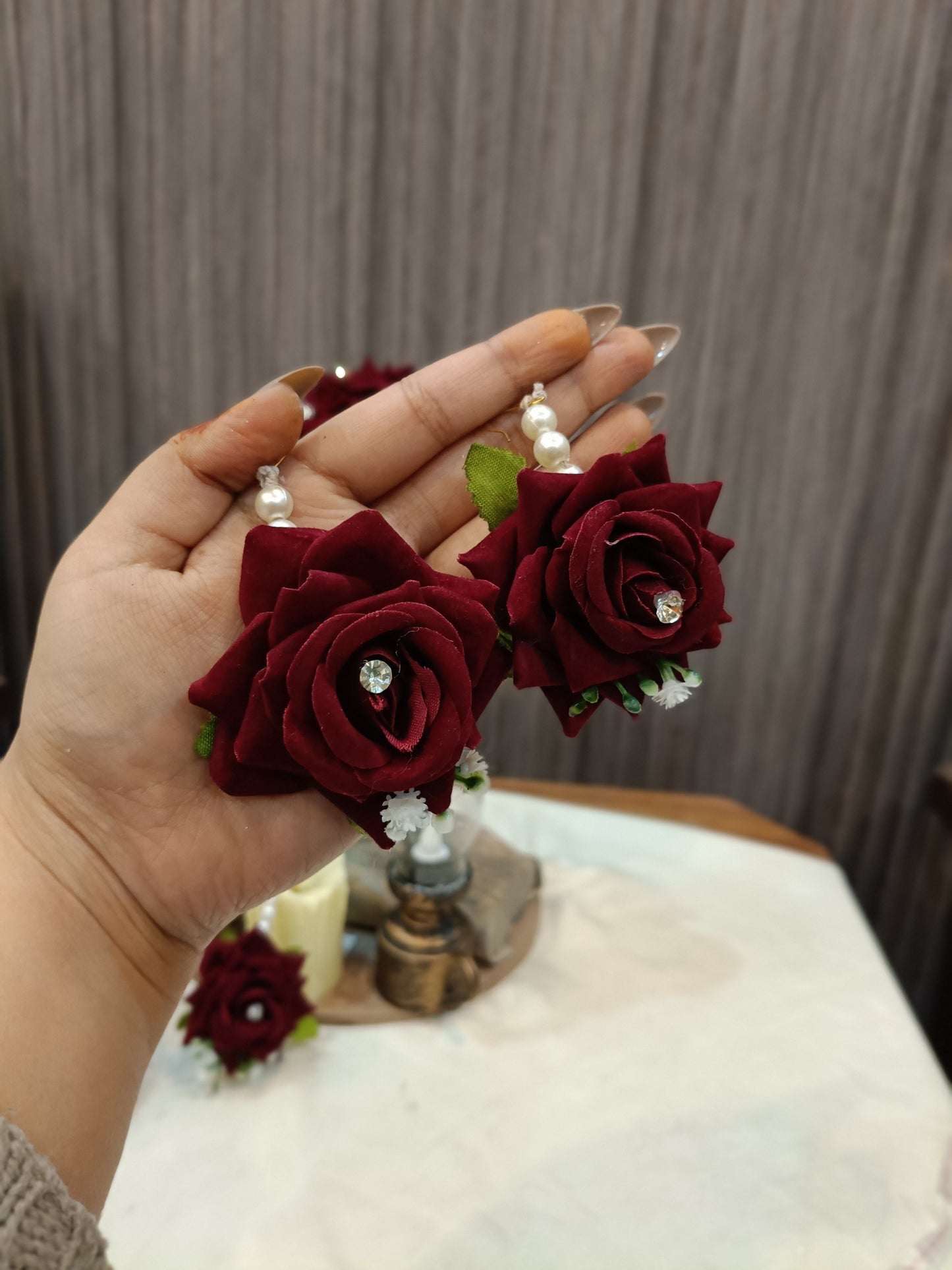 Handcrafted Deep Red Rose Floral Jewelry Set with Pearl Accents