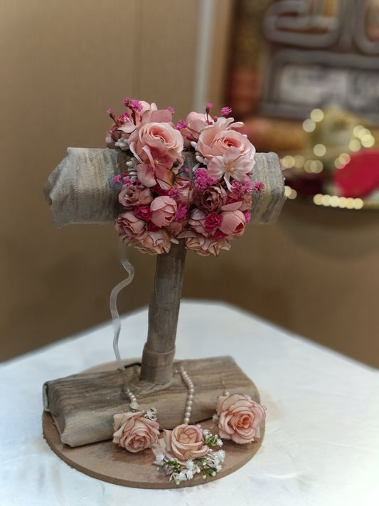Elegant Peach & Pink Floral Jewellery Set with Pearl Accents