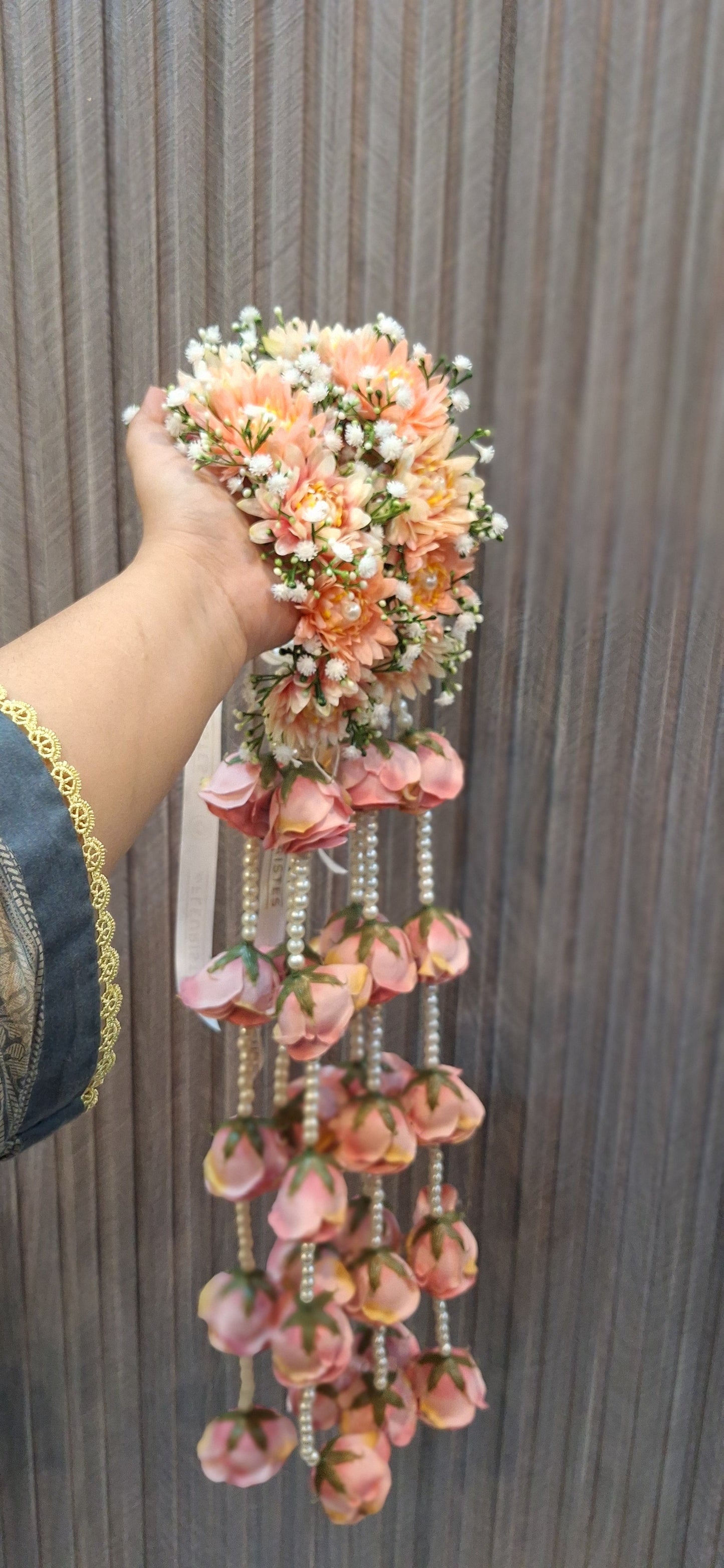Elegant Peach Floral Kaleerey with Rose Hangings