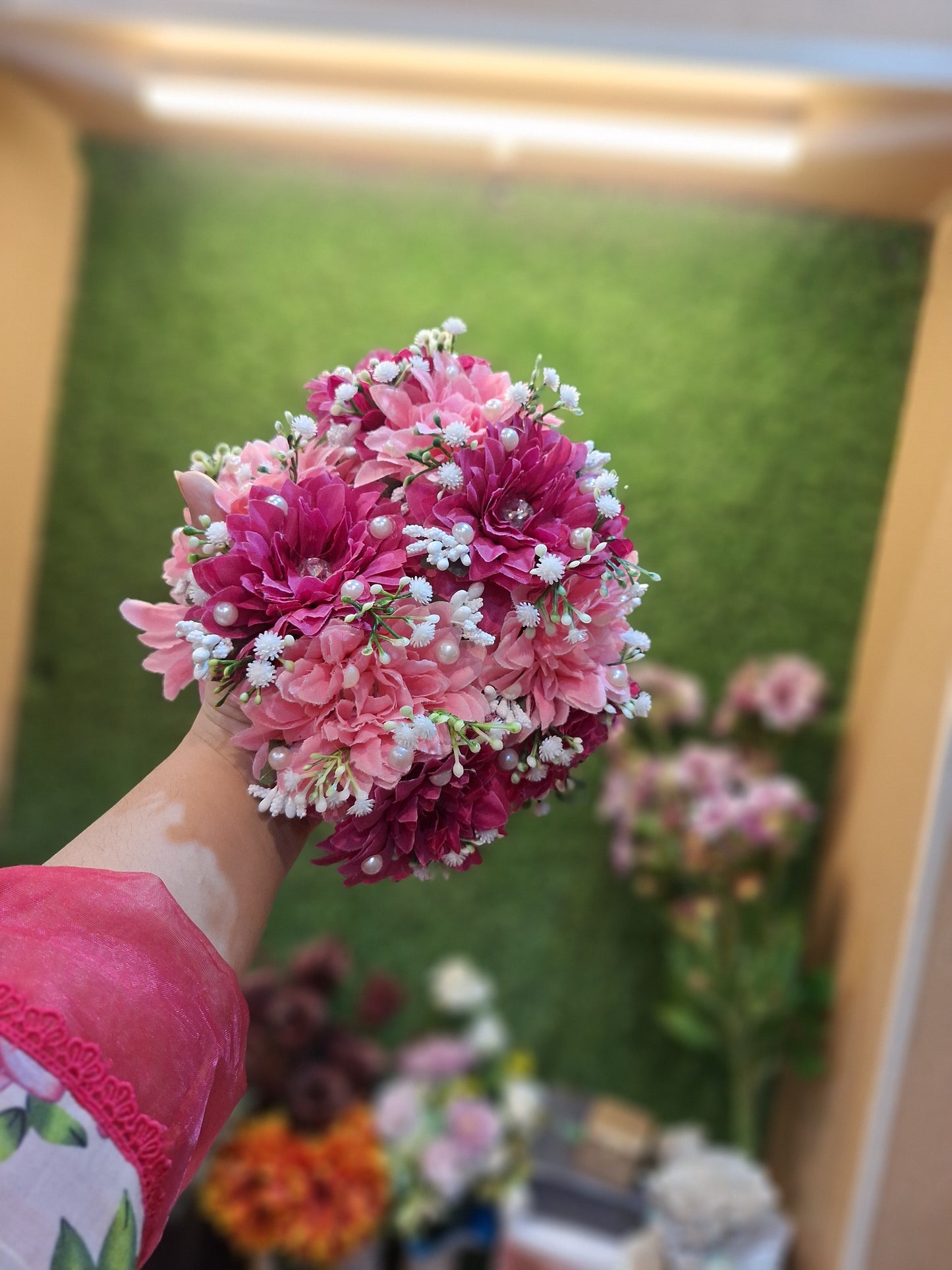 Magenta & Blush Pink Floral Hand Bouquet with Pearl Accents
