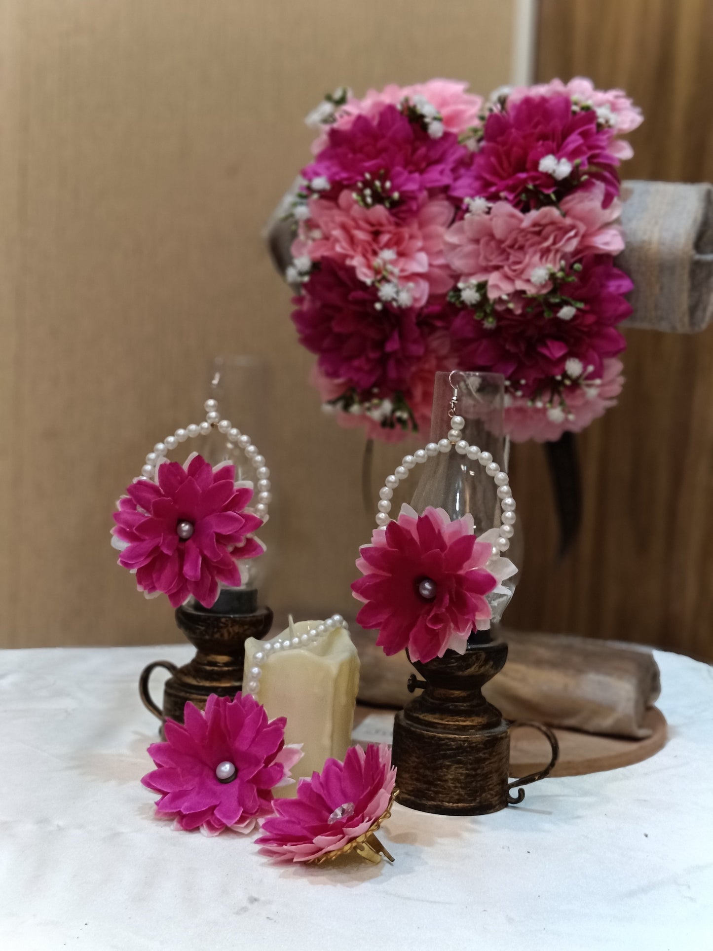 Pink & Magenta Floral Mehndi Jewellery Set with Pearls