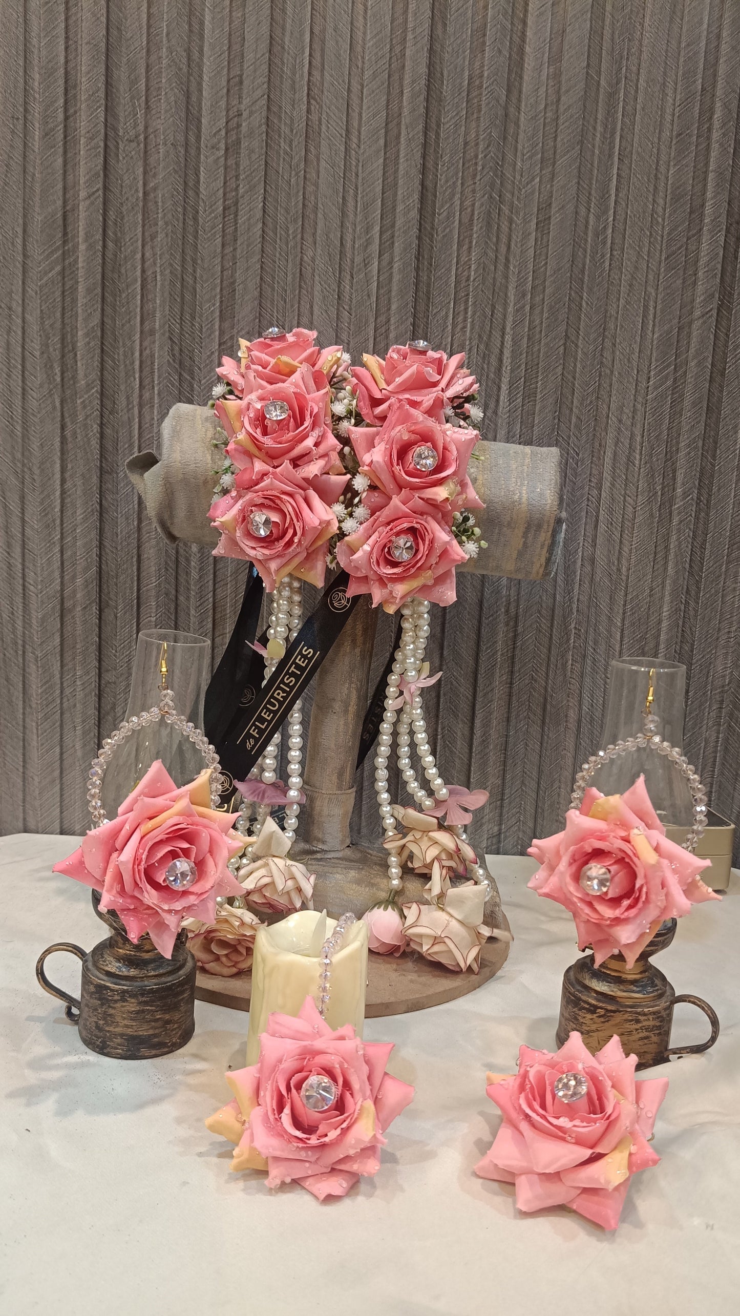 Blushing Pink Rose Floral Jewelry Set with Pearl Accents