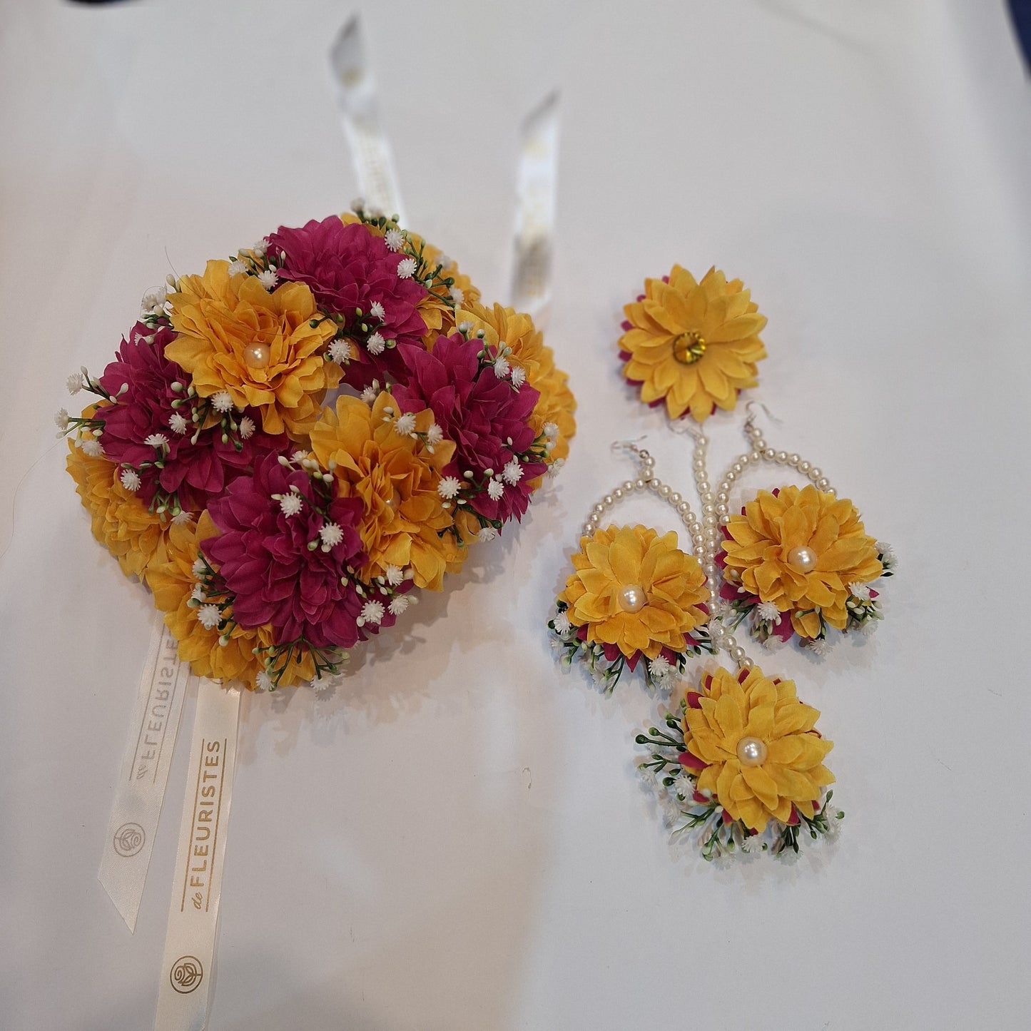 Yellow & Magenta Floral Jewelry Set with Pearl Accents