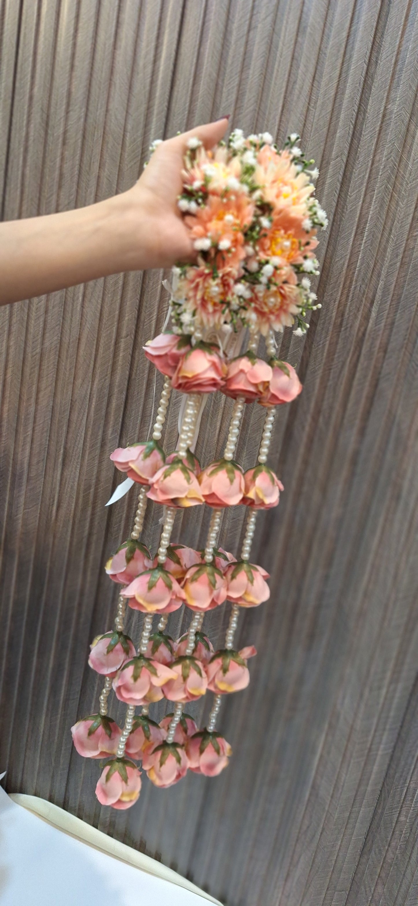 Elegant Peach Floral Kaleerey with Rose Hangings