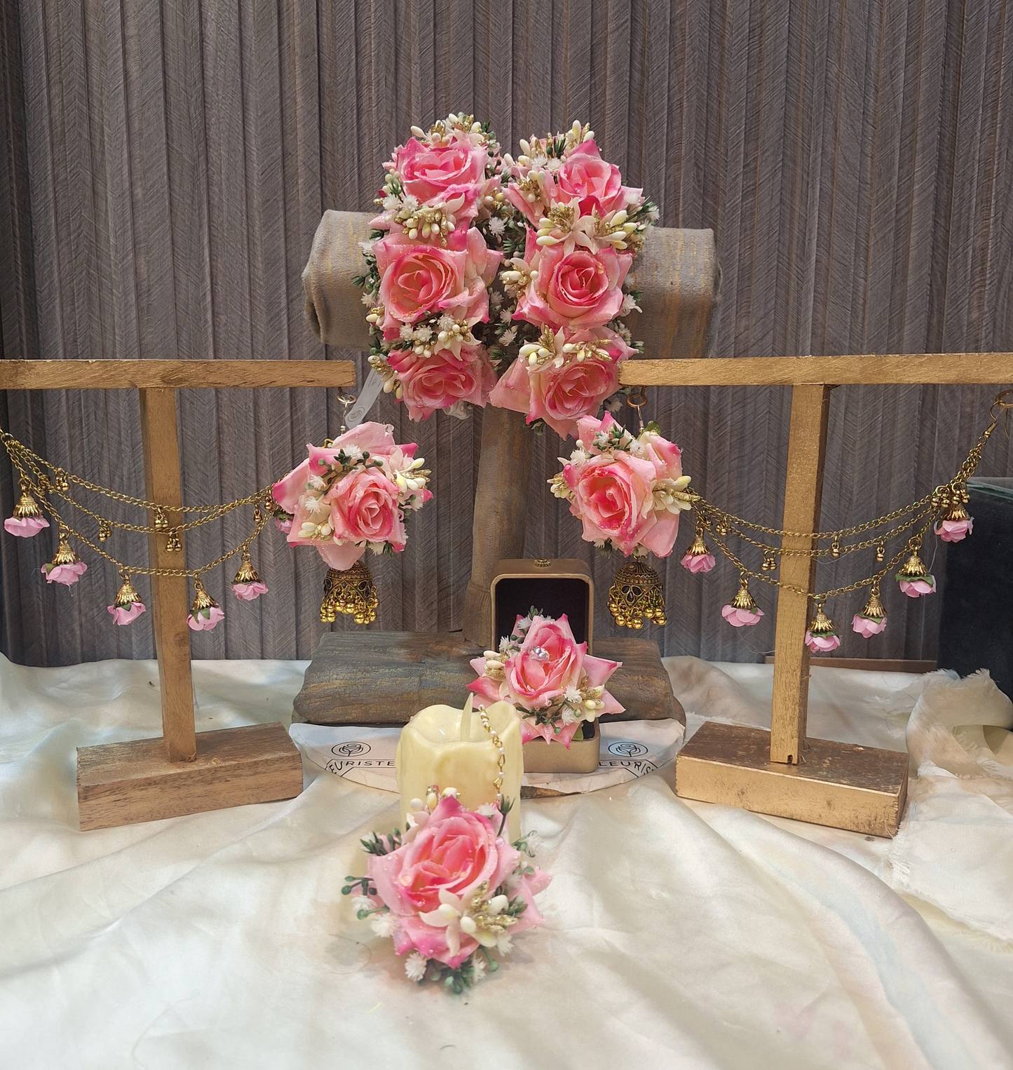 Blushing Pink Rose Floral Bridal Jewelry Set with Gold Ghungroo Details
