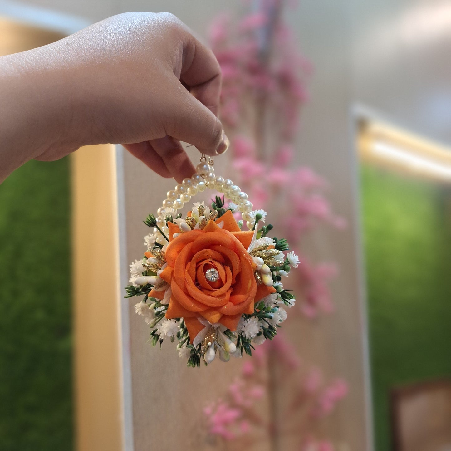 Orange Rose & Pearl Floral Jewelry Set for Mehndi