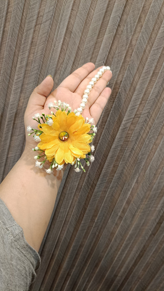 Marigold Yellow Floral Hoop Earrings with Pearl Detailing