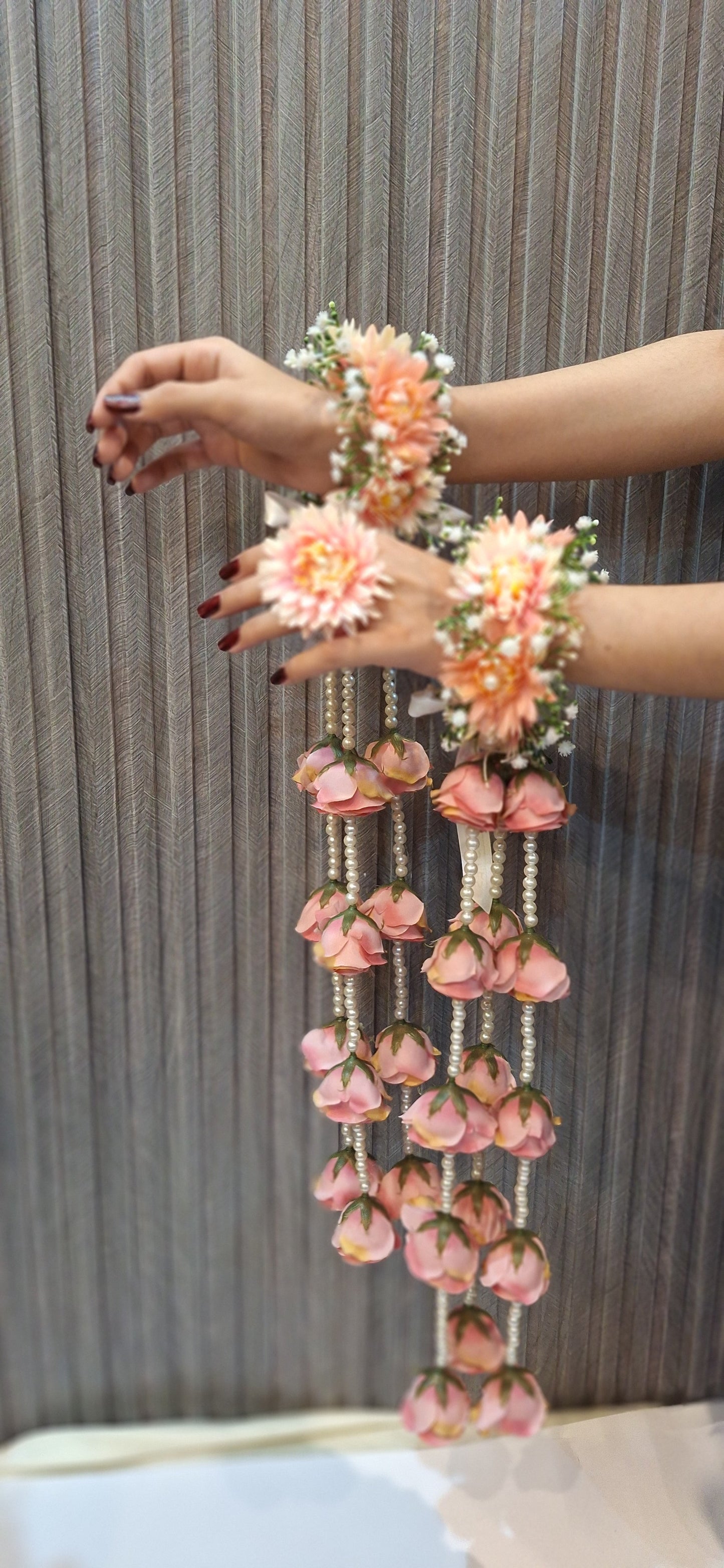 Elegant Peach Floral Kaleerey with Rose Hangings