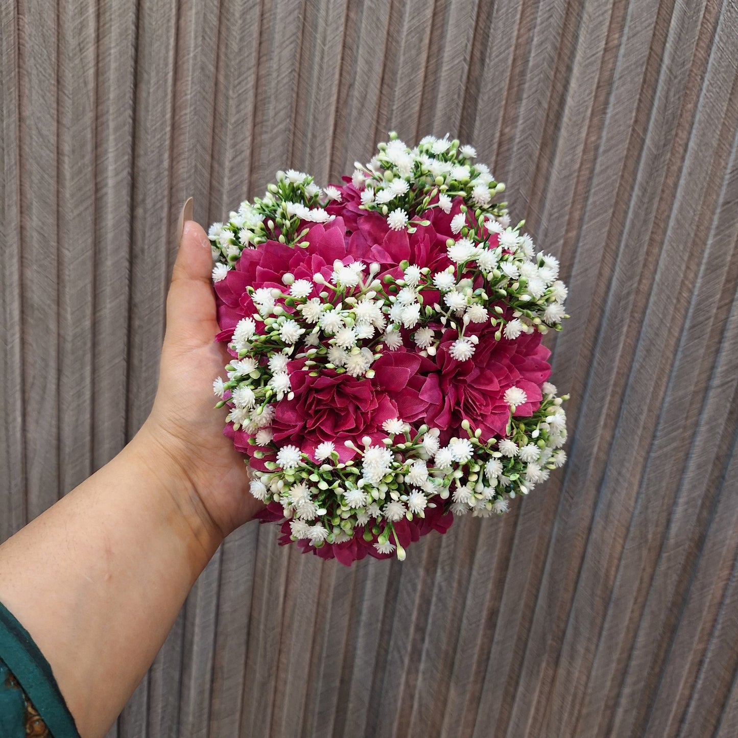 Deep Magenta Chrysanthemum & White Baby’s Breath Hand-Tied Bun