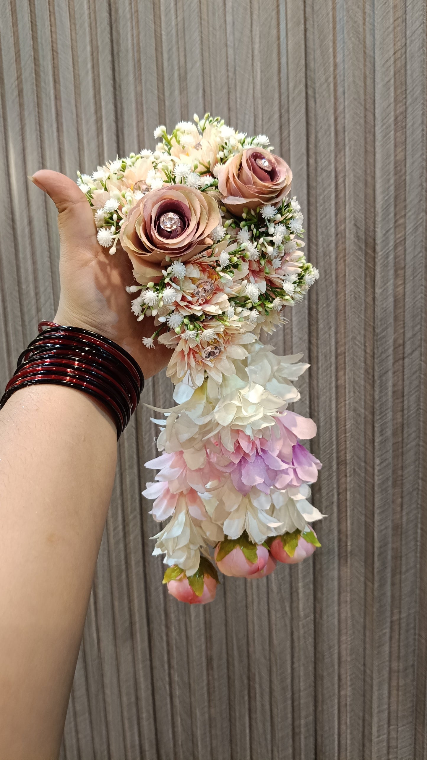 Elegant Dusty Pink Rose & Jasmine Floral Hair Gaira (Kaliyan)