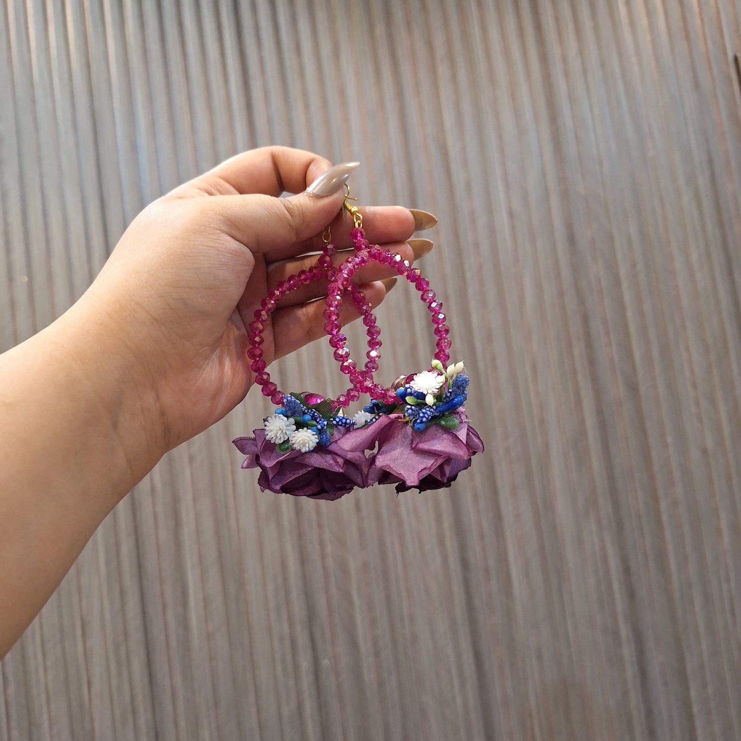Handmade Purple Rose Floral Maang Tikka with Pink & Blue Bead Accents