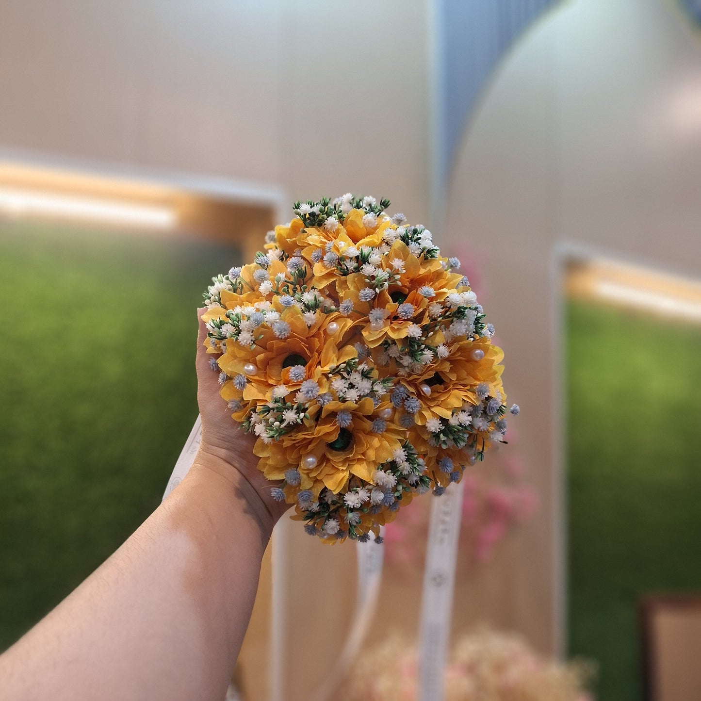 Bright Yellow Gerberas & White Baby’s Breath Handheld Bouquet