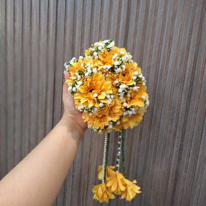 Vibrant Yellow Marigold & Gypso Bridal Gajara with Pearl Tassels